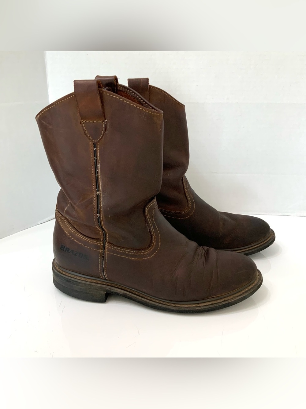 Brazos Men's Sz 11W Crazy Horse II Brown Leather Cowboy Work Boots Slip-On